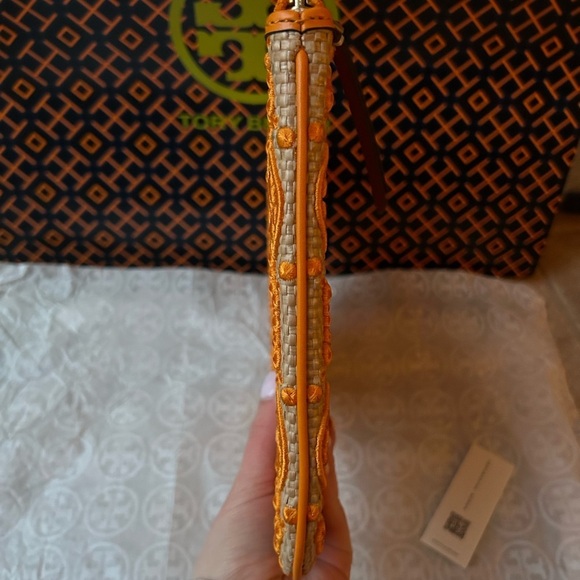 Tory Burch T Monogram Embroidered Straw Pouch Orange Citrine - Picture 3 of 11